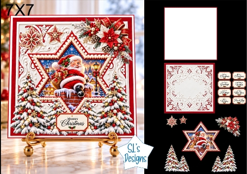 Santa Claus Christmas Card Kit with Winter Village Star Scene, Snowy Trees & Festive Sentiments 7x7