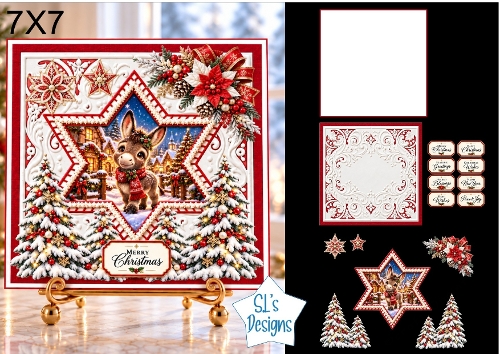 Little Christmas Donkey Card Kit with Winter Village Star Scene, Snowy Trees & Festive Sentiments 7x7