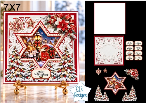 Little Christmas Mailbox Card Kit with Winter Village Star Scene, Snowy Trees & Festive Sentiments 7x7