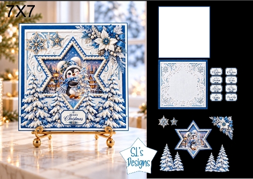 Little Christmas Penguin Card Kit with Winter Village Star Scene, Snowy Trees & Festive Sentiments 7x7