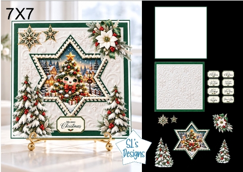 Little Christmas Tree Card Kit with Winter Village Star Scene, Snowy Trees & Festive Sentiments 7x7