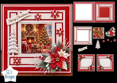 Cozy Christmas Living Room Card Kit with Poinsettias