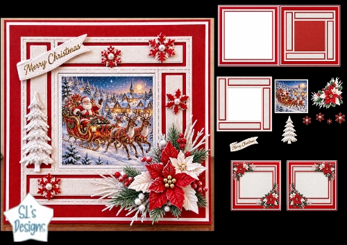 Santas Sleigh Over Snowy Village Christmas Card