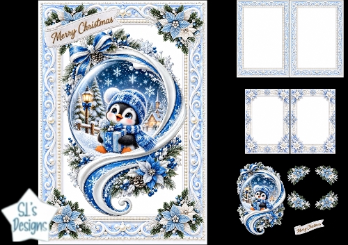 Cute Blue Penguin Snow Globe Christmas Card