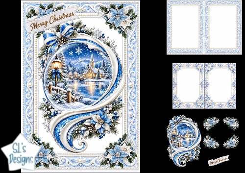 Blue Winter Church Snow Globe Christmas Card