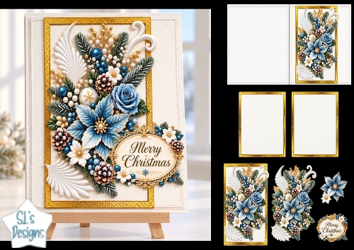 Blue Poinsettia & Gold Christmas Luxury Decoupage Card Kit