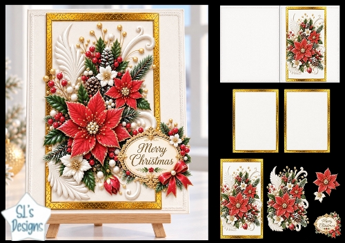 Red Poinsettia Christmas Floral Decoupage Card Kit