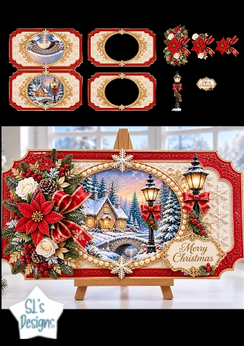 Luxury Victorian Christmas Scenic Tag Card Kit with Snow Cottage