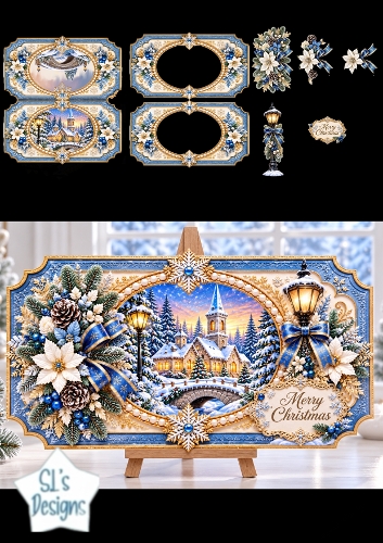Blue & Gold Victorian Christmas Church Scene Shaped Tag Card