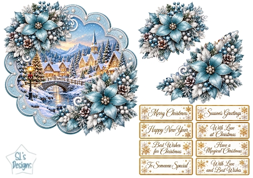 Blue Poinsettia Winter Village Christmas Scenic Topper