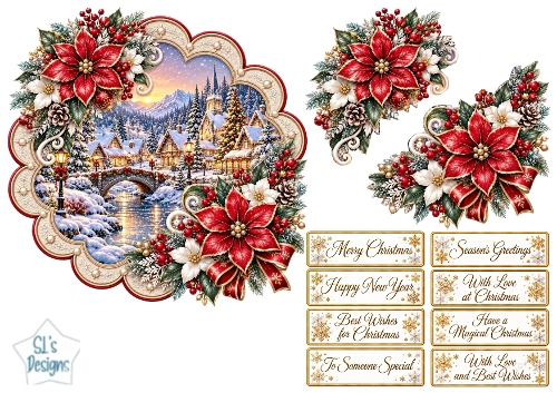 Red Poinsettia Christmas Village Scenic Topper