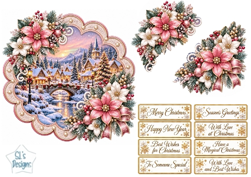 Pink Poinsettia Christmas Village Scenic Topper