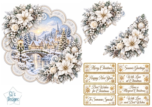 White Poinsettia Christmas Village Scenic Topper