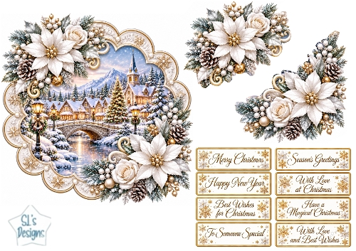Elegant White Poinsettia & Rose Christmas Village Scenic Topper