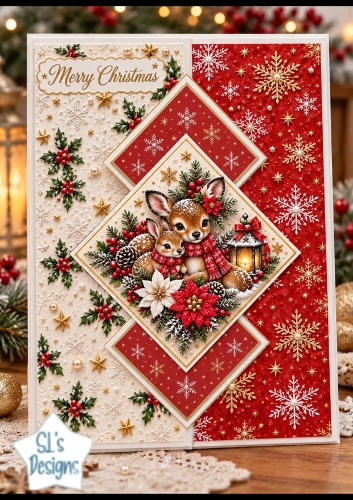 Christmas Deer Family Diamond Fold Card Topper Kit, Cute Fawn & Baby Deer