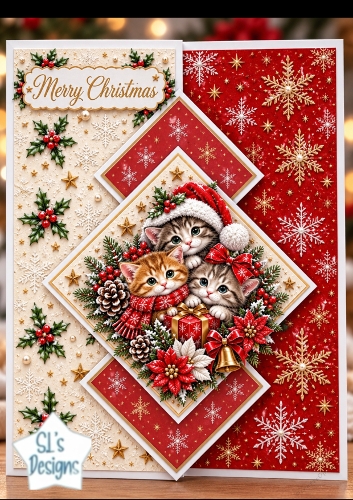 Cute Christmas Kittens Diamond Fold Card Topper Kit, Festive Cats with Gift Box