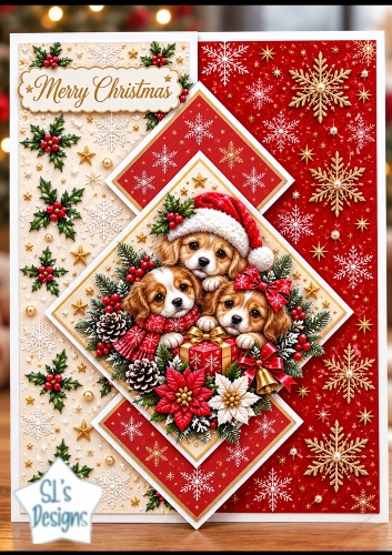 Cute Christmas Puppy Trio Diamond Fold Card Topper Kit, Festive Dogs