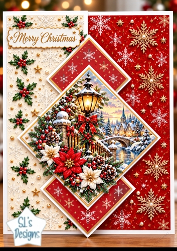 Christmas Village Lantern Diamond Fold Card Topper Kit,