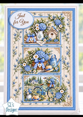 Blue Hydrangea Cottage Garden Triple Panel Decoupage Card Kit