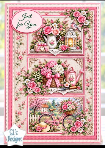 Pink Rose Cottage Garden Triple Panel Decoupage Card Kit