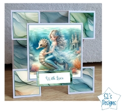 Mermaid Fantasy Fold Card Kit – Under the Sea Girl Seahorse Printable Card – Ocean Fairytale Handmade Card