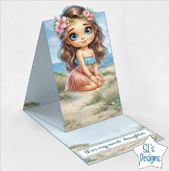 Cute Beach Girl Easel Card – Printable 3D Pyramid Card – Tropical Floral Child Illustration – Digital Download