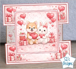 Valentine Layered Card Topper with Dog and Rabbit Holding Hearts