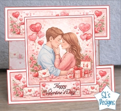 Romantic Valentines Day Card Topper with Embracing Couple and Heart Balloons