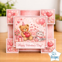 Valentine Teddy Bear & Kitten Card Kit – Cute Heart Balloon Valentine Card – Printable Paper Craft Download