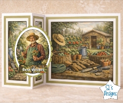 Gardener Topper with Potted Plant, Tools and Rustic Garden Scene