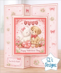 Sweet Puppy and Kitten Valentines Day Card Topper – Cute Love Animals with Roses and Hearts