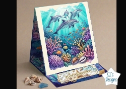 Dolphins Underwater Birthday Card with Colorful Coral Reef and Tropical Fish