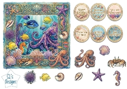 Octopus Underwater Cardmaking Sheet with Coral Frame, Sea Creatures and Ocean Sentiment Badges
