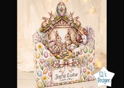 Joyful Easter Card with Rabbits, Angel, Eggs and Spring Flowers