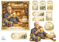 Grandpa Birthday Card & Gift Tag Set with Beer, Fireplace and Presents