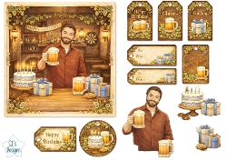 Rustic Pub Birthday Card & Gift Tag Set with Beer, Cake and Presents