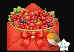 Berry Envelope with Bow and Bird – Fresh Fruit Clipart for Cards & Crafts