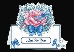 Elegant Floral Peony & Dragonfly Just For You Card Front with Blue Bow