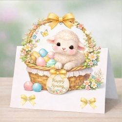 Spring Lamb Basket Card Front With Flowers, Eggs & Yellow Bow