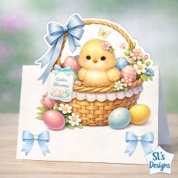 Easter Chick Basket Card Front With Flowers, Eggs & Blue Bow