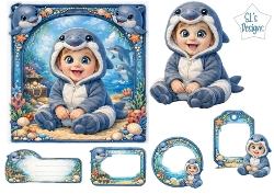 Adorable Baby Dolphin Costume Card Front & Ocean‑Themed Labels Set