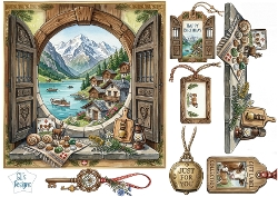 Alpine Mountain Village Window View – Birthday, Just for You & Rustic Card Topper Set