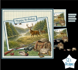 Hunting Scene Birthday Card Front with Deer, Ducks, Backpack & Rustic Outdoors Theme