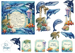 Ocean Birthday Card Topper with Whales, Dolphins, Turtles & Underwater Elements