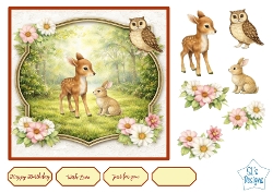 Woodland Fawn & Bunny Card Front – Cute Forest Animals with Owl, Flowers, Toppers & Sentiments