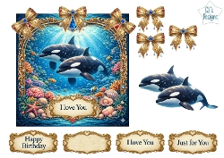 Luxury Orca Ocean Topper with Gold Frame, Jewels, Bows & Sentiments