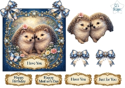 Cute Hedgehog Couple Floral Topper Sheet with Gold Frames & Sentiments
