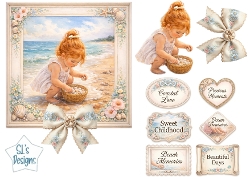 Coastal Childhood Memories Card Topper – Sweet Beach Girl Collecting Seashells