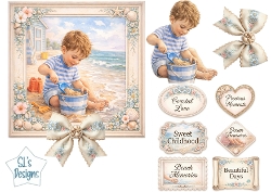Vintage Coastal Childhood Card Topper – Little Boy Playing in the Sand