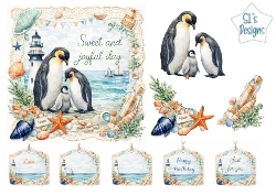 Watercolor Coastal Wildlife Card Topper – Penguin Family, Lighthouse & Seashells